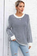 Angel Wings Striped Round Neck Long Sleeve Knit Top - Hovatok