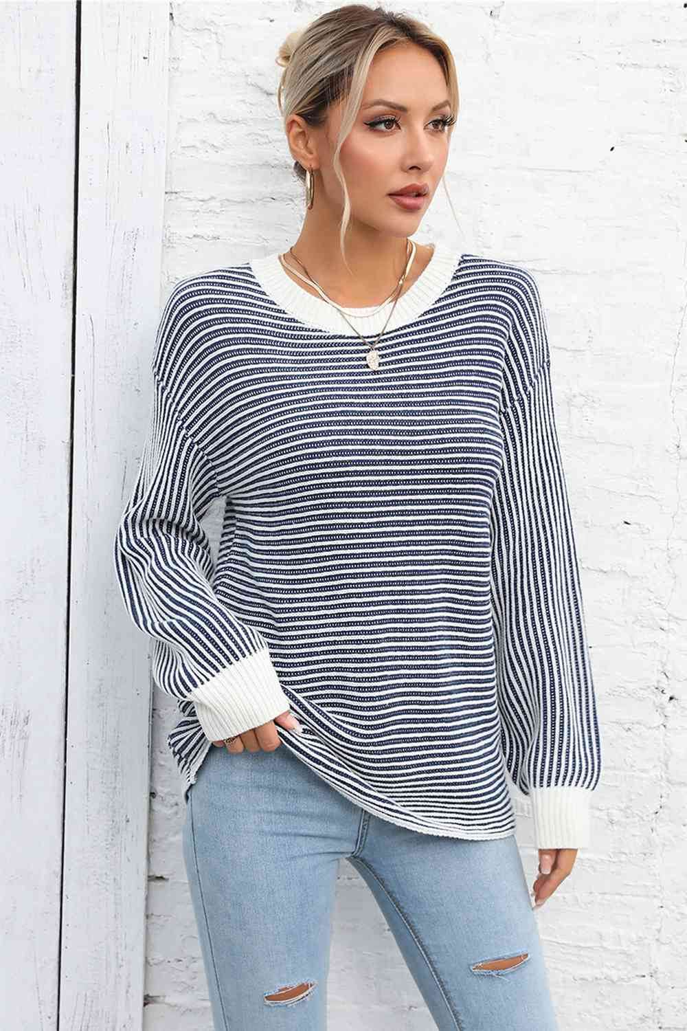 Angel Wings Striped Round Neck Long Sleeve Knit Top - Hovatok