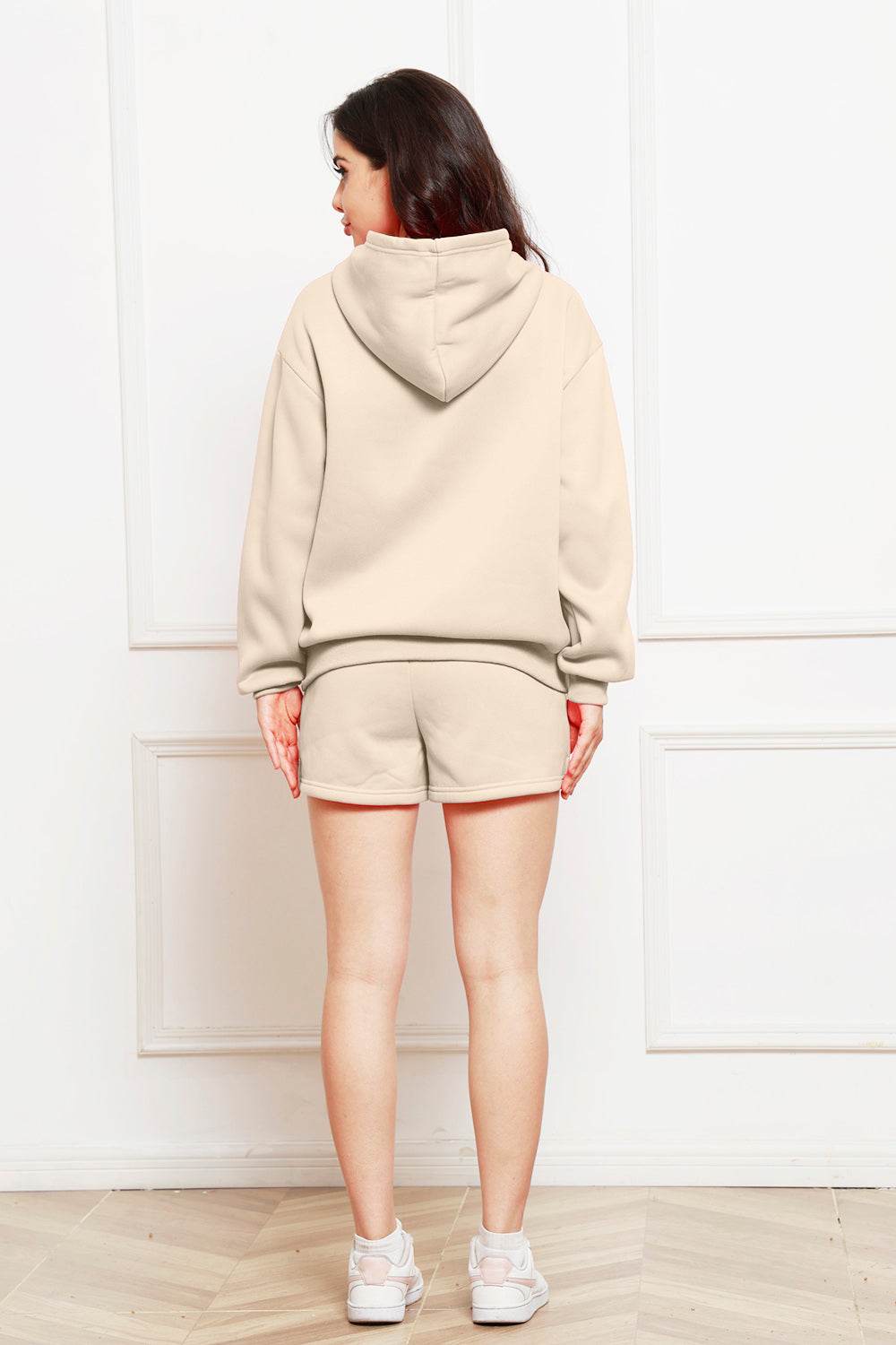 Drop Shoulder Long Sleeve Hoodie and Shorts Set - Hovatok