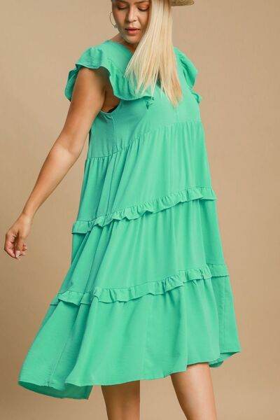 Umgee Full Size Ruffle Tiered Cap Sleeve Midi Dress Plus Size - Hovatok
