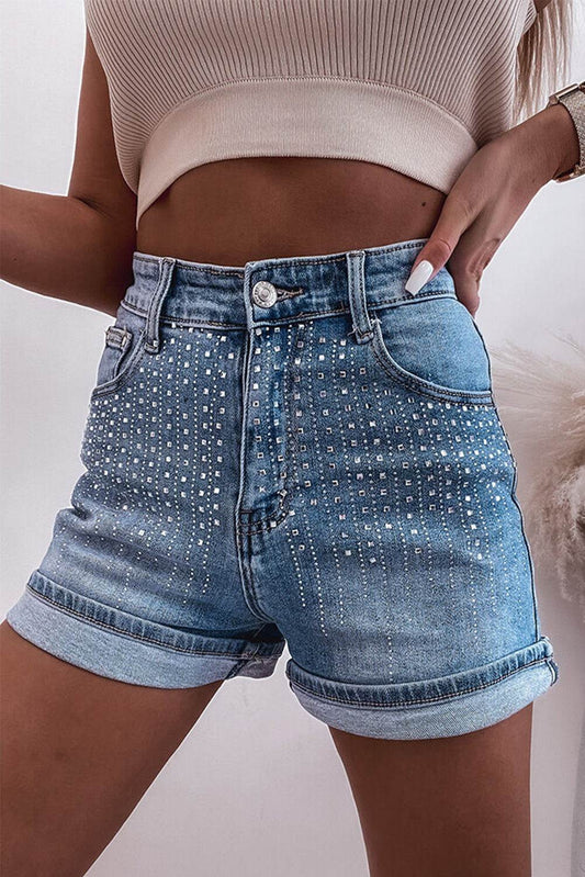 Rhinestone High Waist Denim Shorts - Hovatok