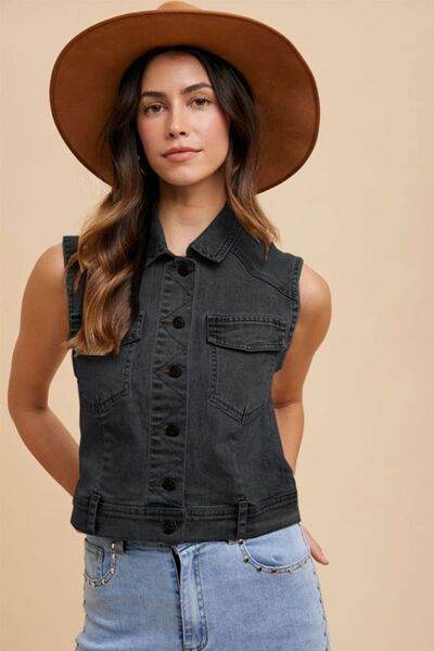 Annie Wear Collared Neck Button Down Denim Vest - Hovatok