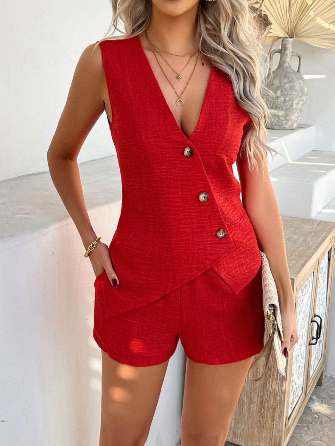 Devine Button Down Sleeveless Top and Shorts Set - Hovatok
