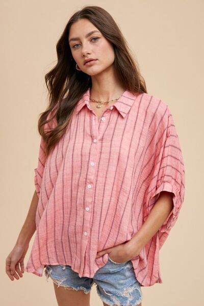 Annie Wear Striped Button Up Half Sleeve Shirt - Hovatok