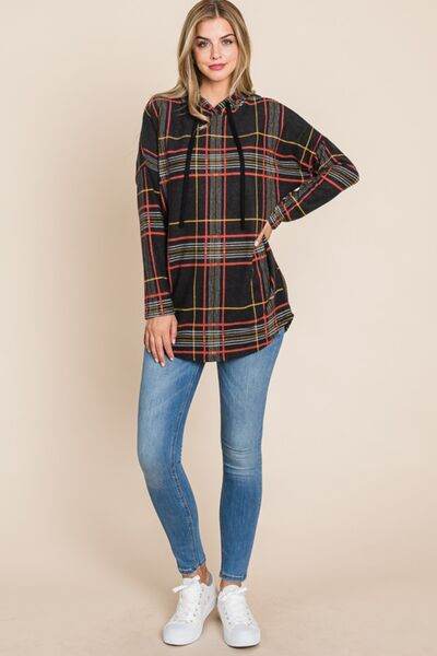 BOMBOM Drawstring Plaid Long Sleeve Hoodie - Hovatok