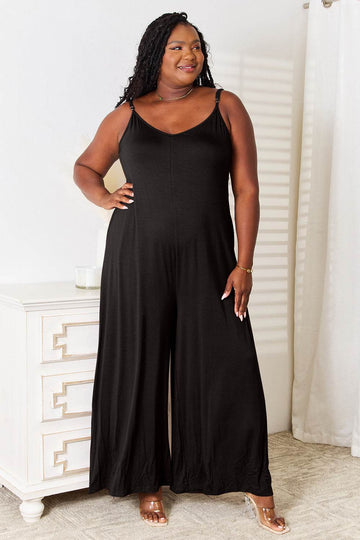 Double Take Full Size Soft Rayon Spaghetti Strap Tied Wide Leg Jumpsuit - Hovatok