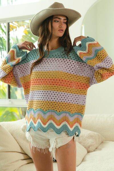BiBi Wavy Hem Openwork Contrast Round Neck Sweater - Hovatok