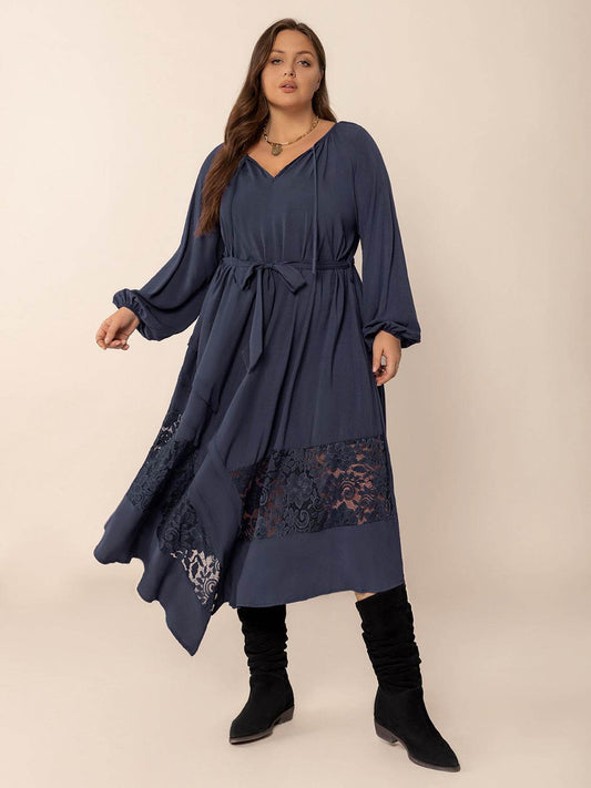 Plus Size Lace Detail Tie Neck Long Sleeve Midi Dress - Hovatok