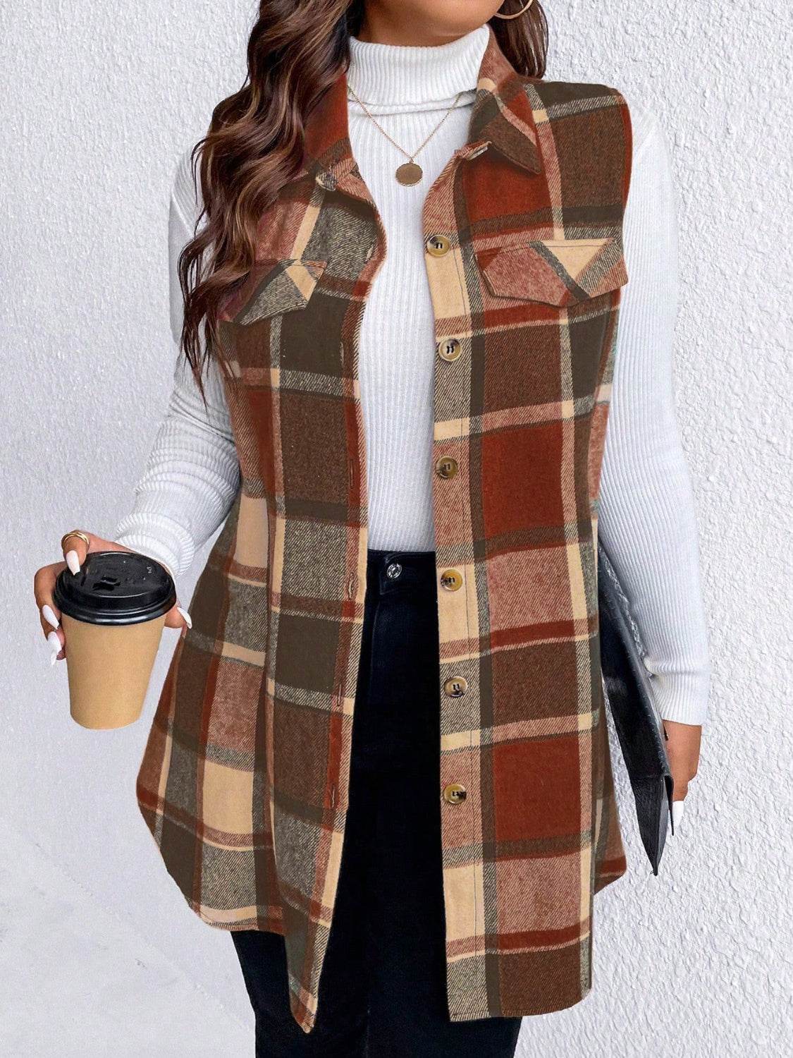 Honey Plus Size Pocketed Plaid Button Up Vest Coat - Hovatok