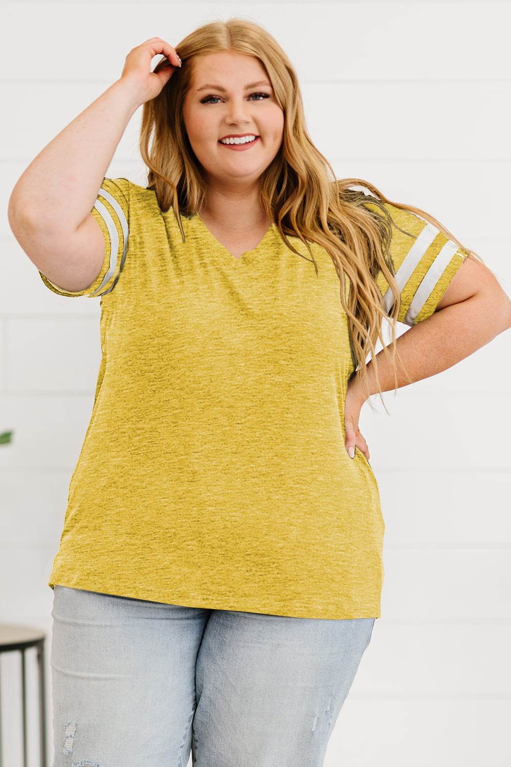 Plus Size Striped V-Neck Tee Shirt - Hovatok