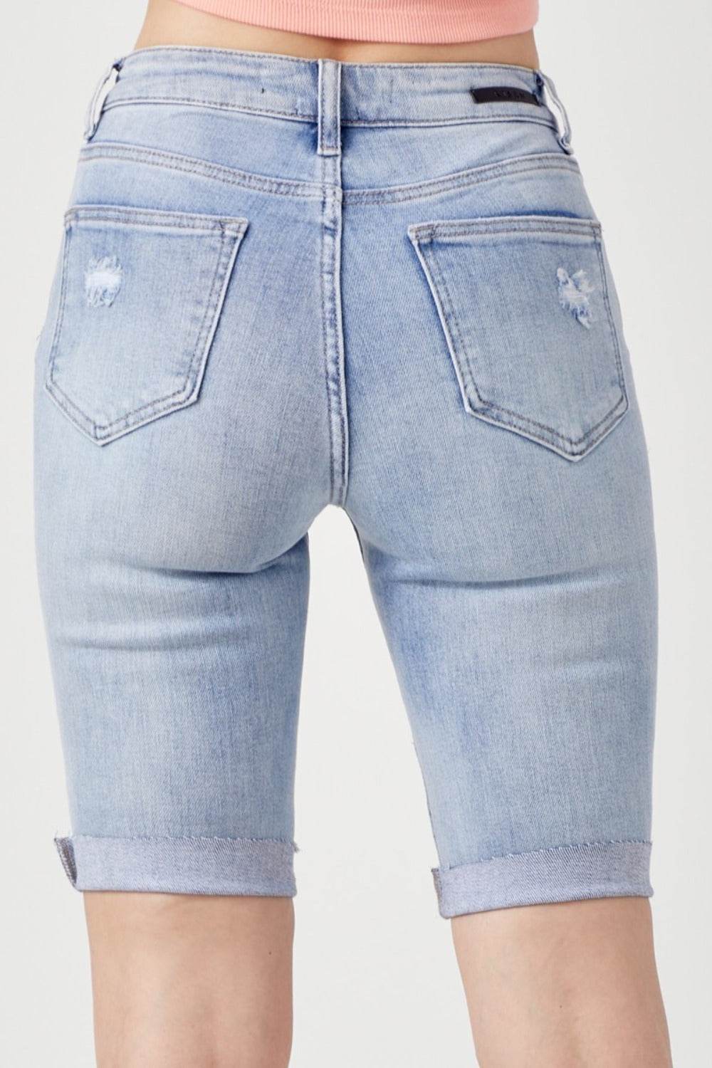 RISEN High Rise Distressed Denim Bermuda Shorts - Hovatok