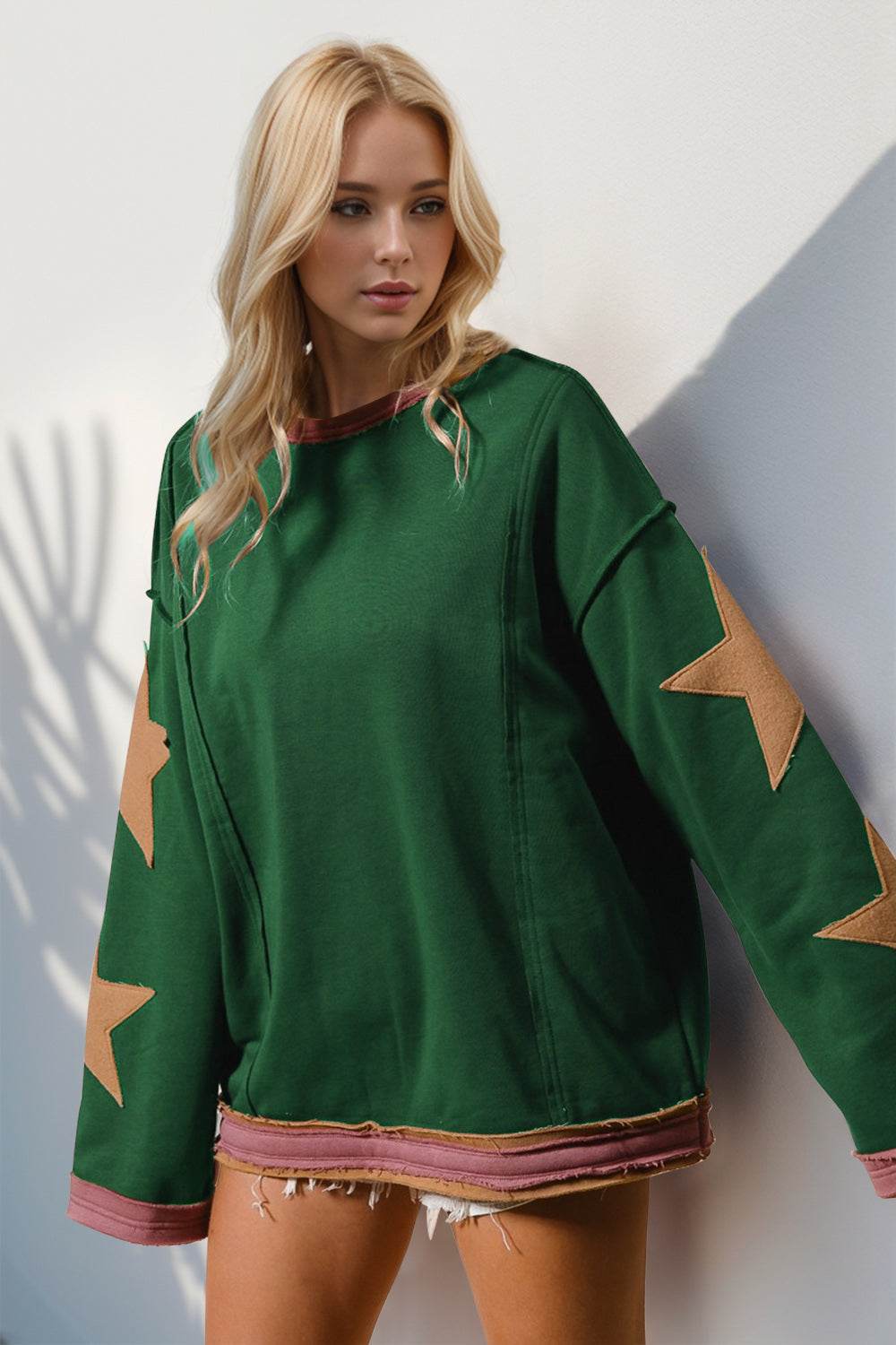 Double Take Star Patched Long Sleeve Sweatshirt - Hovatok