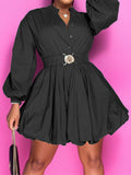 Notched Button Up Balloon Sleeves Dress - Hovatok