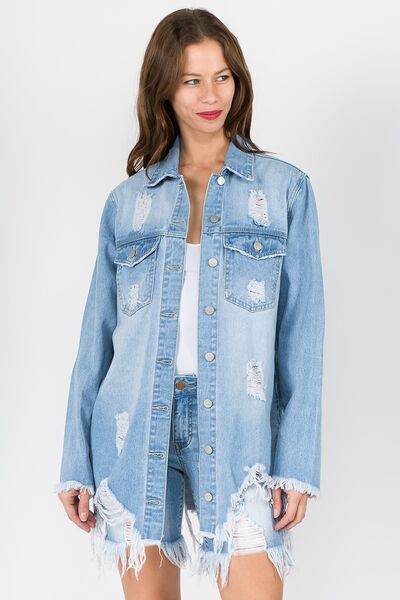 American Bazi Distressed Frayed Hem Denim Jacket - Hovatok