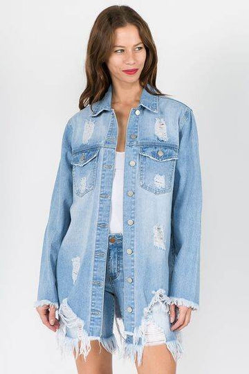 American Bazi Distressed Frayed Hem Denim Jacket - Hovatok
