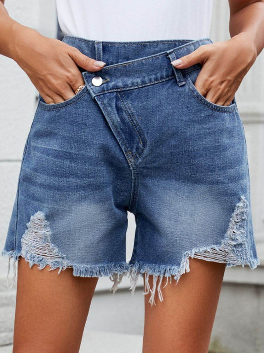 Distressed Raw Hem Asymmetric Waist Denim Shorts - Hovatok