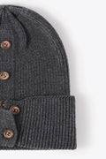 Button Detail Rib-Knit Cuff Beanie - Hovatok