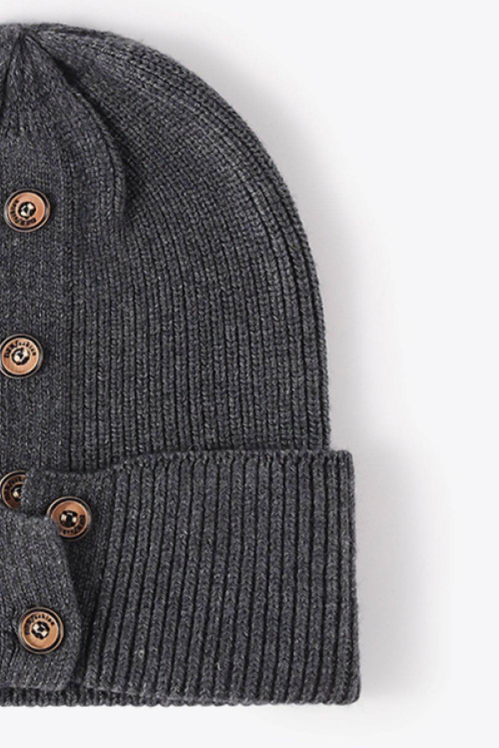 Button Detail Rib-Knit Cuff Beanie - Hovatok