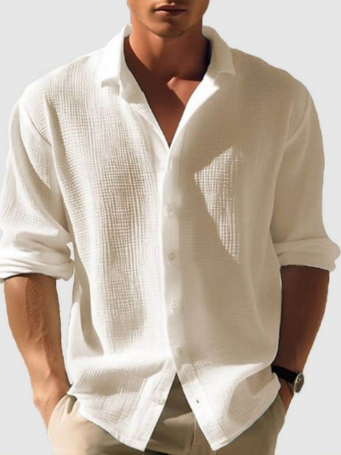 Men's Full Size Collared Neck Button Down Long Sleeve Shirt Plus Size - Hovatok