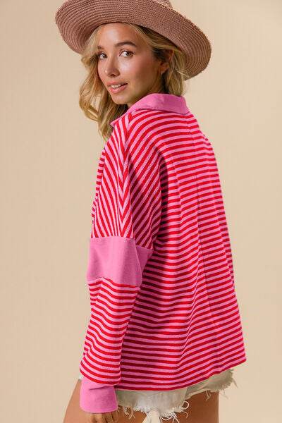BiBi Striped Contrast Long Sleeve Knit Top - Hovatok