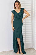 Ruffled V-Neck High-Low Dress - Hovatok