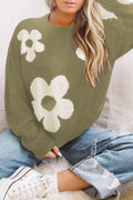 Round Neck Floral Pattern Color Contrast Design Long Sleeve Sweater - Hovatok