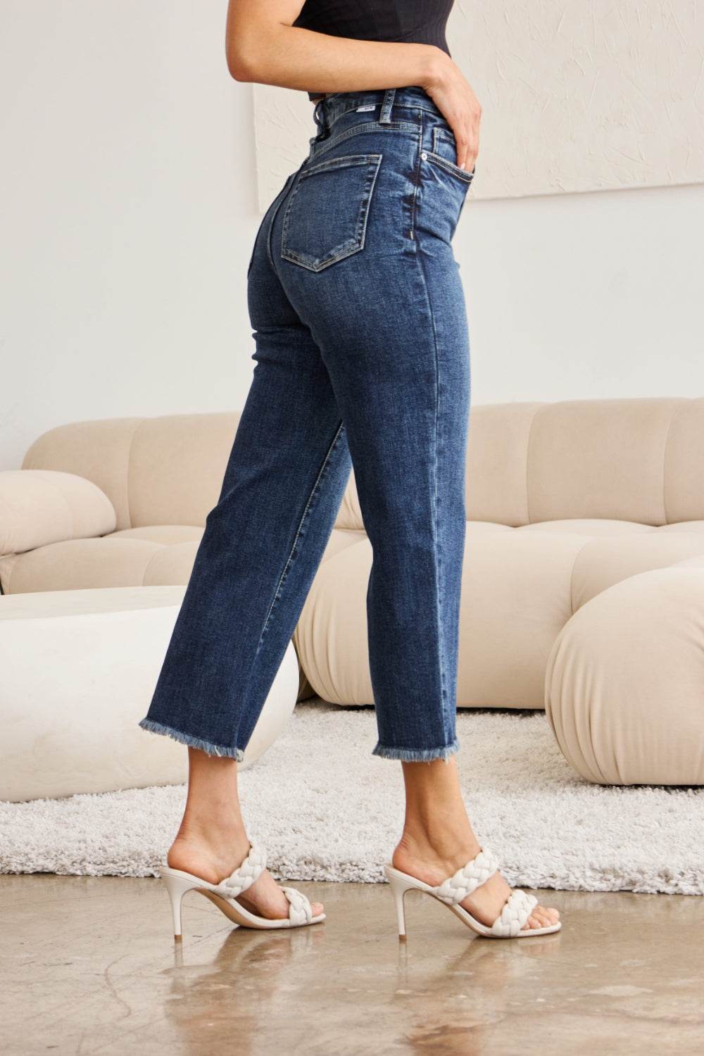 RFM Full Size Tummy Control High Waist Raw Hem Jeans - Hovatok