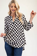 Celeste Full Size Curved Hem Checkered Notched Blouse - Hovatok