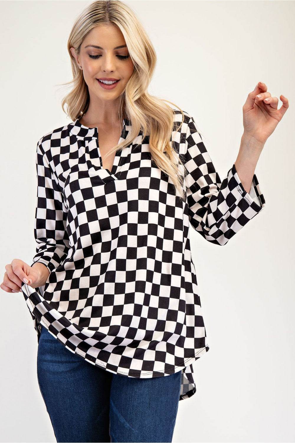 Celeste Full Size Curved Hem Checkered Notched Blouse - Hovatok