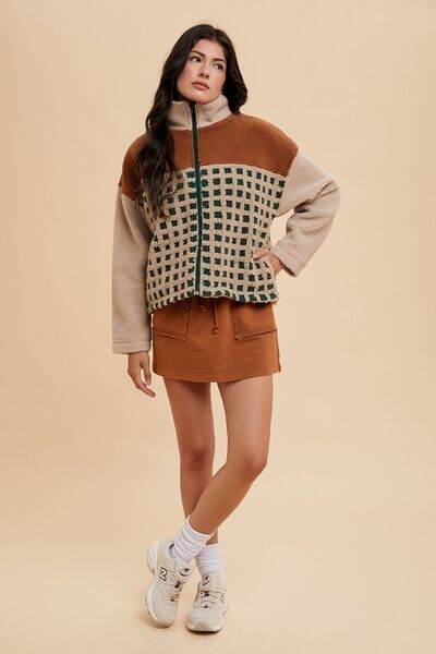 Annie Wear Plaid Zip Up Drop Shoulder Sherpa Jacket - Hovatok
