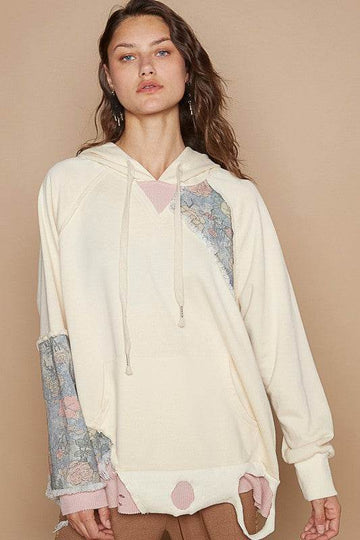 POL Floral Patchwork Distressed Drawstring Hoodie - Hovatok