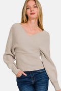 Zenana Cross Wrap Rib Long Sleeve Sweater - Hovatok