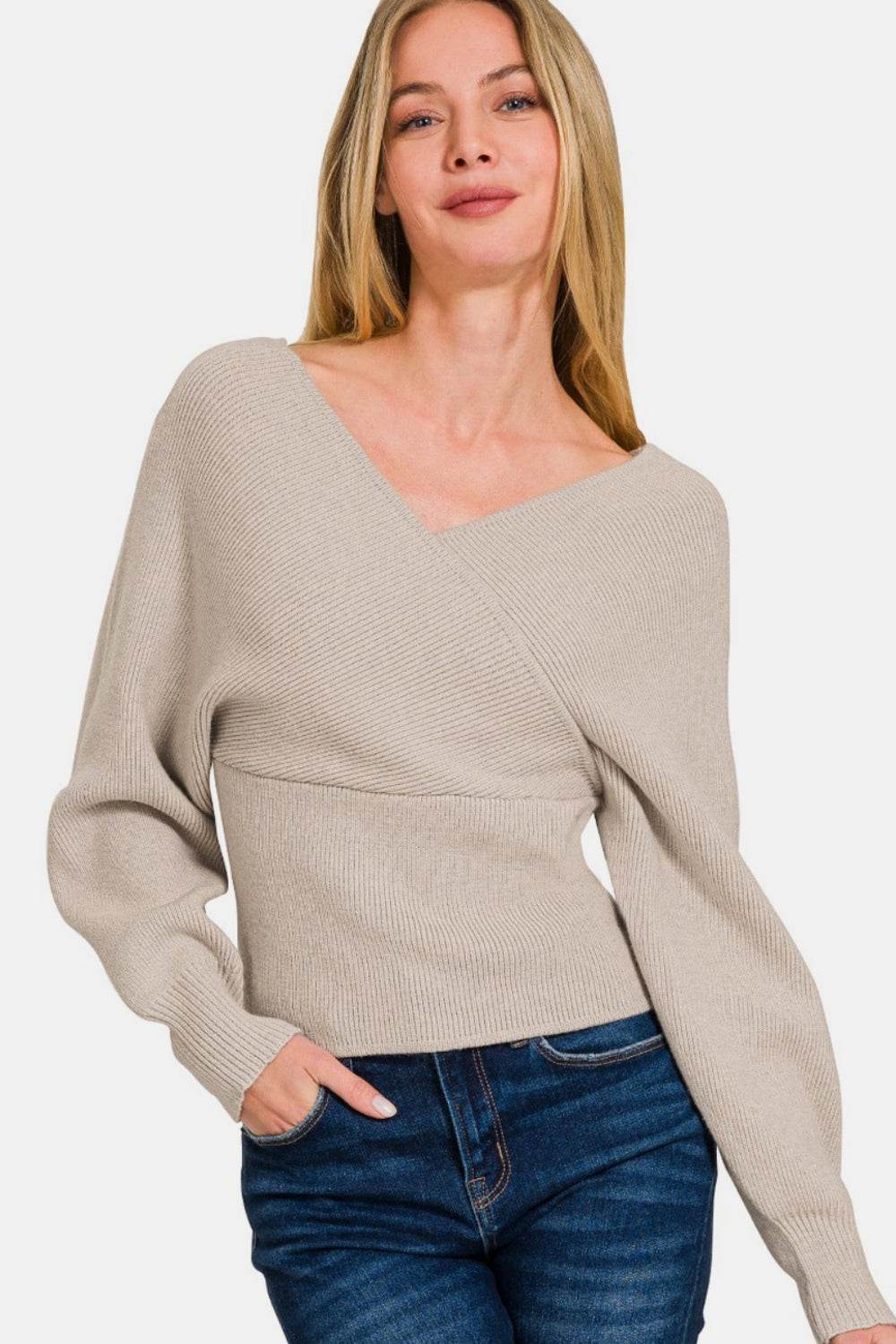 Zenana Cross Wrap Rib Long Sleeve Sweater - Hovatok