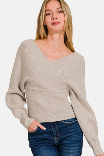 Zenana Cross Wrap Rib Long Sleeve Sweater - Hovatok