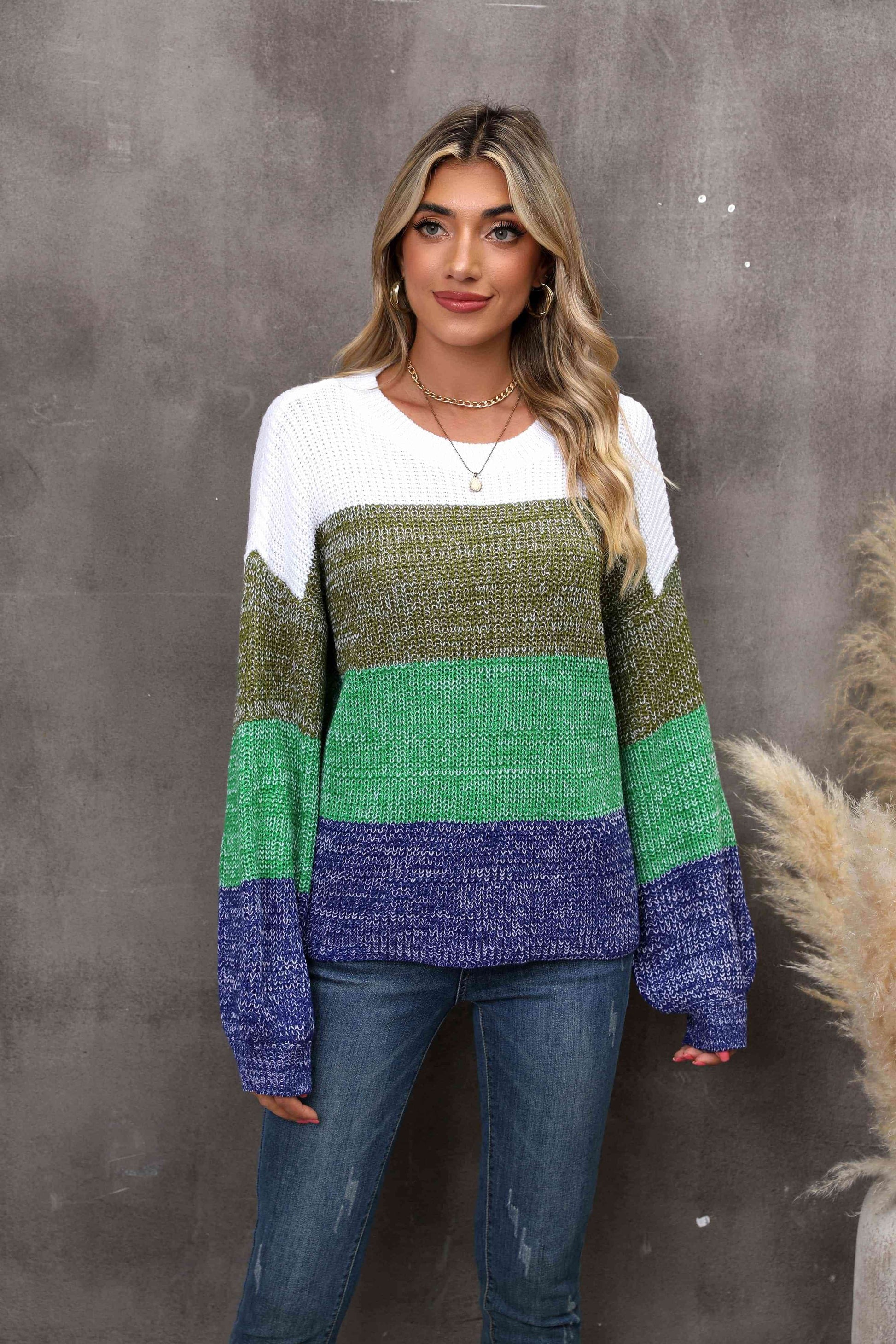 Angel Wings Color Block Round Neck Dropped Shoulder Sweater - Hovatok
