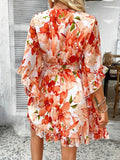 Devine Printed Surplice Ruffled 3/4 Sleeve Mini Dress - Hovatok