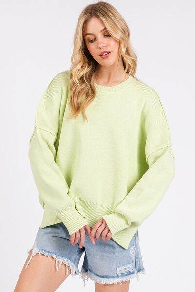 Mittoshop Side Slit Round Neck Drop Shoulder Sweater - Hovatok