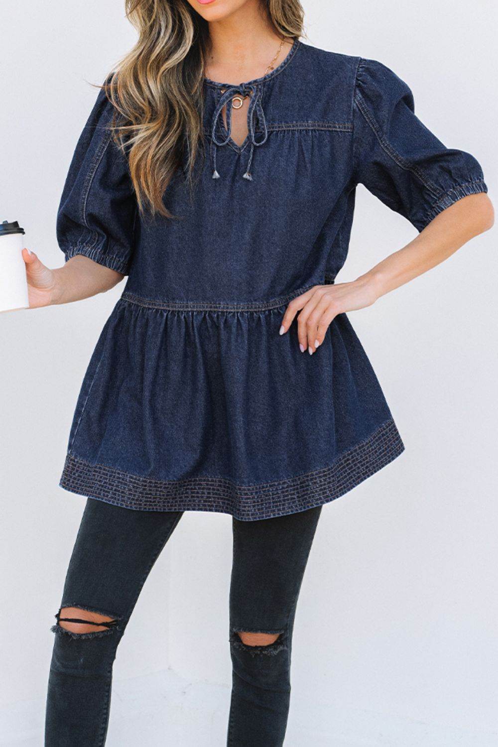 Tie Neck Babydoll Denim Top - Hovatok