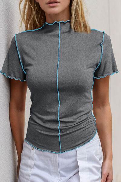 Basic Bae Contrast Trim Mock Neck Short Sleeve T-Shirt - Hovatok