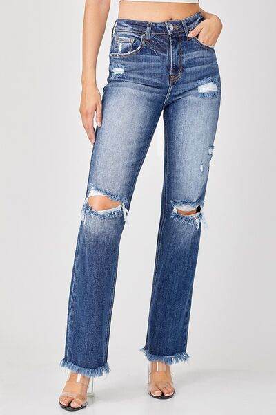 Risen Full Size Raw Hem Distressed Straight Jeans - Hovatok
