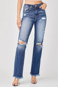 Risen Full Size Raw Hem Distressed Straight Jeans - Hovatok