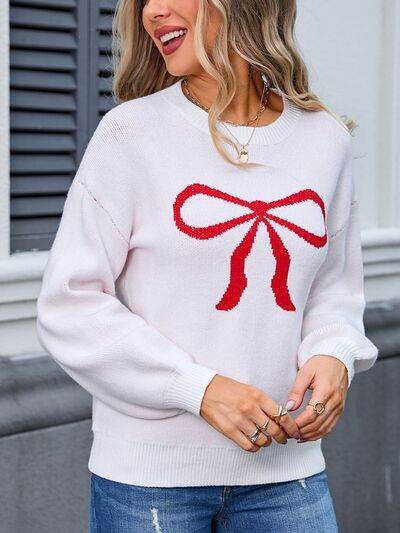 Angel Wings Bow Graphic Round Neck Long Sleeve Sweater - Hovatok