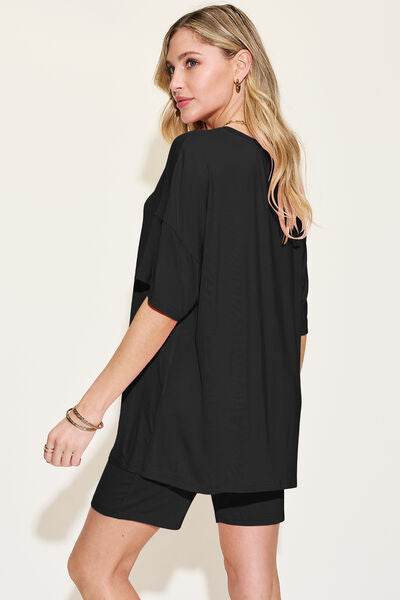 Basic Bae Bamboo Full Size V-Neck Drop Shoulder T-Shirt and Shorts Set - Hovatok