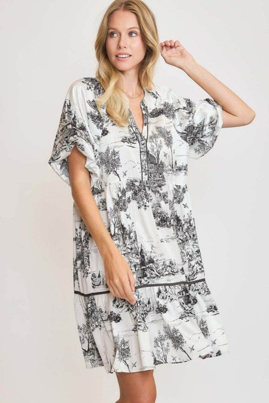 Umgee Full Size Two Tone Landscape Print Dress Plus Size - Hovatok