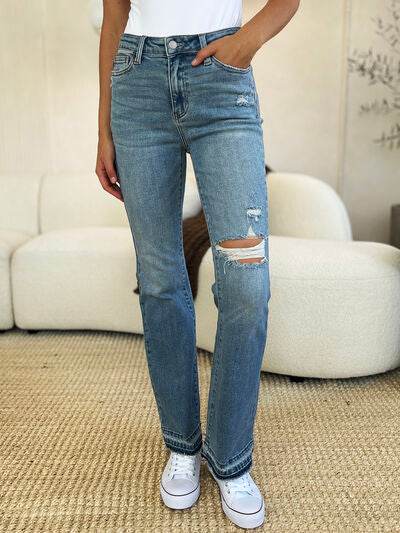 Judy Blue Full Size Mid Rise Destroyed Hem Distressed Jeans - Hovatok