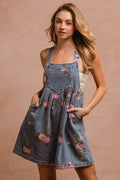 BiBi Flower Printed Wide Strap Denim Overalls - Hovatok
