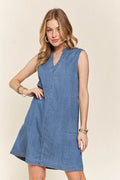 ADORA Notched Sleeveless Denim Dress with Pockets - Hovatok