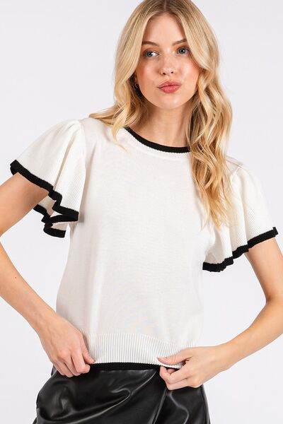 Mittoshop Contrast Trim Ruffled Cap Sleeve Knit Top - Hovatok