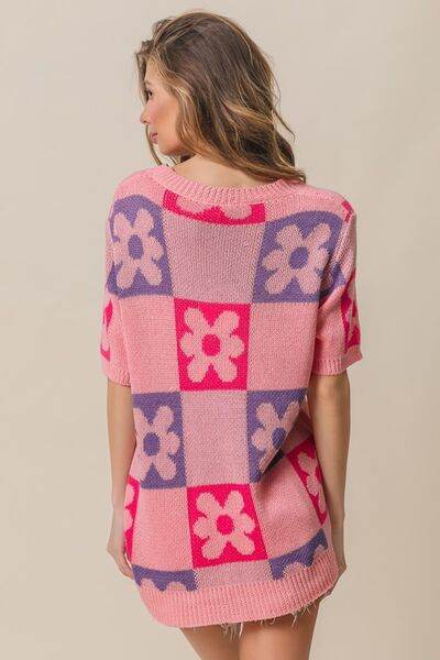 BiBi Flower Checker Pattern Short Sleeve Sweater - Hovatok