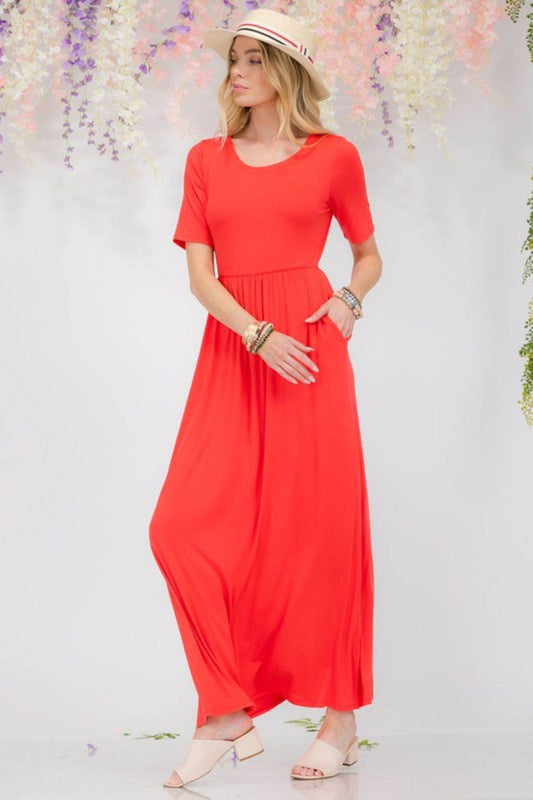 Celeste Full Size Round Neck Short Sleeve Maxi Dress with Pockets Plus Size - Hovatok